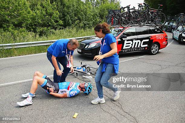 Fabian Wegmann of Germany and Garmin-Sharp crashes out of the race during the eleventh stage of the 2014 Giro d'Italia, a 249km medium mountain stage...