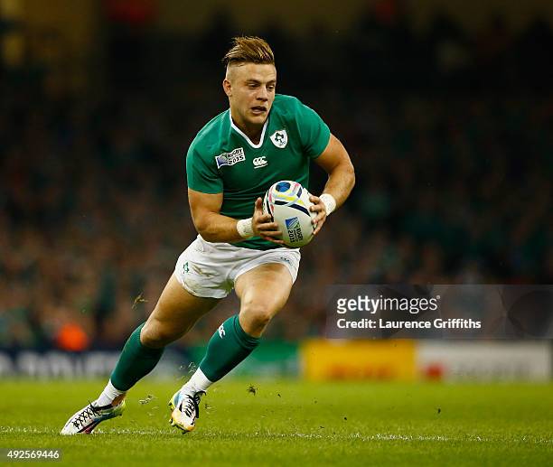 Ian Madigan of Ireland in action during the 2015 Rugby World Cup Pool D match between France and Ireland at Millennium Stadium on October 11, 2015 in...