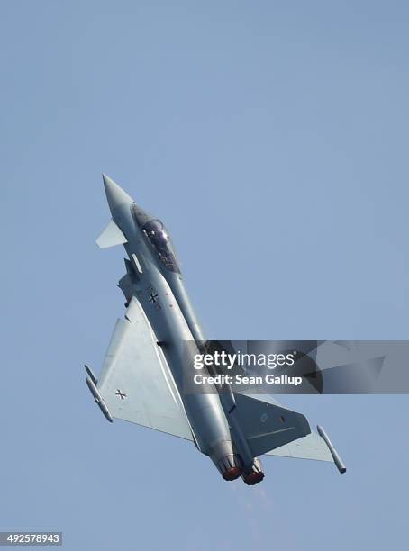 Eurofighter Typhoon jet fighter flies at the ILA 2014 Berlin Air Show on May 21, 2014 in Schoenefeld, Germany. The ILA 2014 is open from May 20-25.