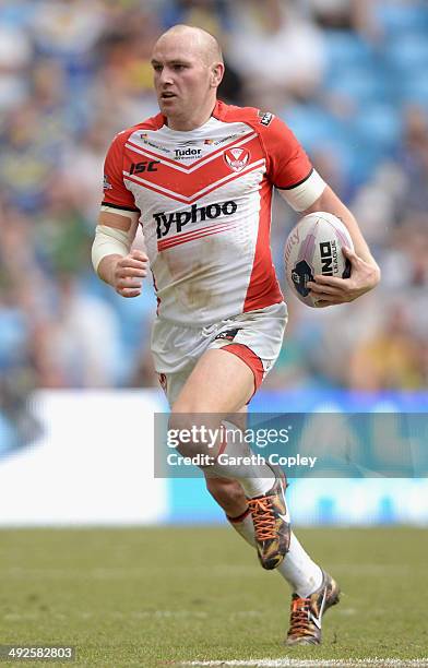 Luke Walsh of St Helens in action during the Super League match between Warrington Wolves and St Helens at Etihad Stadium on May 18, 2014 in...