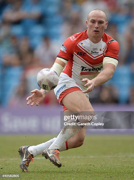 Luke Walsh of St Helens in action during the Super League match between Warrington Wolves and St Helens at Etihad Stadium on May 18, 2014 in...