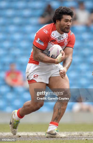 Mose Masoe of St Helens during the Super League match between Warrington Wolves and St Helens at Etihad Stadium on May 18, 2014 in Manchester,...