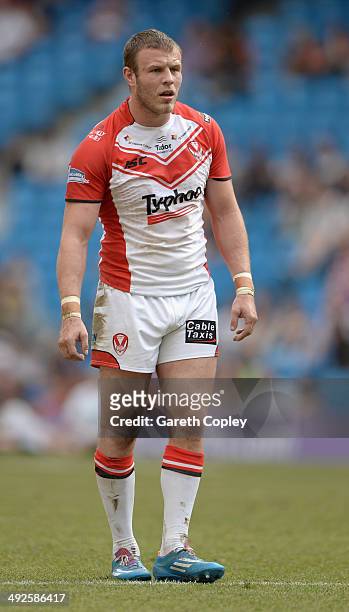 Josh Jones of St Helens during the Super League match between Warrington Wolves and St Helens at Etihad Stadium on May 18, 2014 in Manchester,...