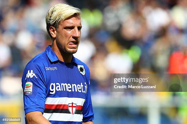 Maxi Lopez of UC Sampdoria looks on during the Serie A match between UC Sampdoria and SSC Napoli at Stadio Luigi Ferraris on May 11, 2014 in Genoa,...