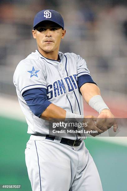 Everth Cabrera of the San Diego Padres looks on before baseball game against the Washington Nationals on April 25, 2014 at Nationals Park in...