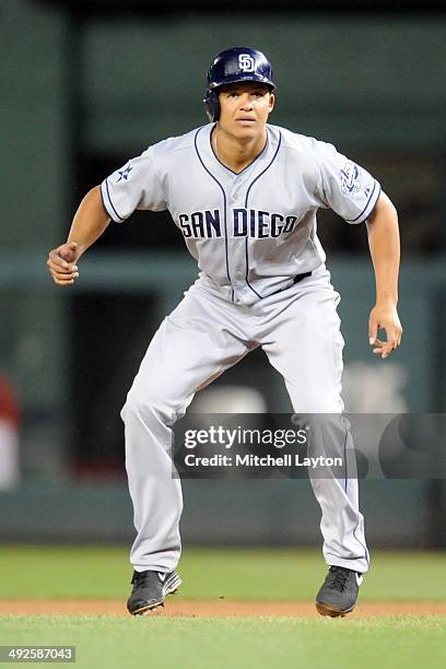 Will Venable of the San Diego Padres leads off second base during baseball game against the Washington Nationals on April 25, 2014 at Nationals Park...