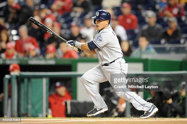 Everth Cabrera of the San Diego Padres prepares for a pitch during a baseball game against the Washington Nationals on April 25, 2014 at Nationals...
