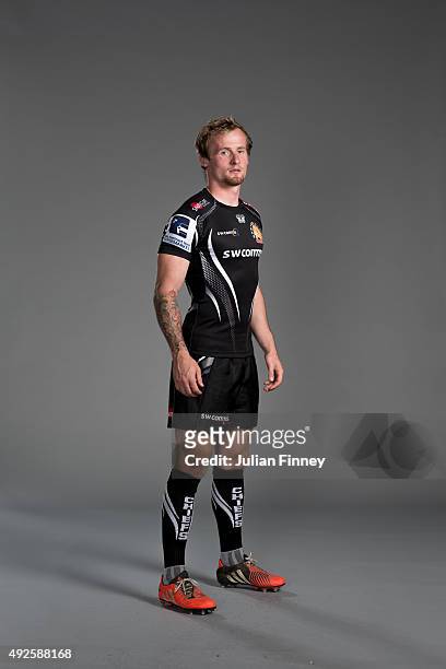 Jack Arnott of Exeter Chiefs poses for a picture during the Exeter Chiefs photocall for BT at Sandy Park Stadium on September 8, 2015 in Exeter,...