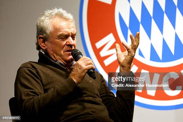 Sepp Maier of FC Bayern Muenchen talks to the media during the launch of the new book 'Mythos FC Bayern' at FC Bayern Muenchen Erlebniswelt museum on...