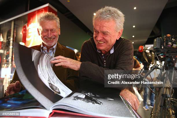 Paul Breitner and Sepp Maier of FC Bayern Muenchen launches the new book 'Mythos FC Bayern' at FC Bayern Muenchen Erlebniswelt museum on October 14,...