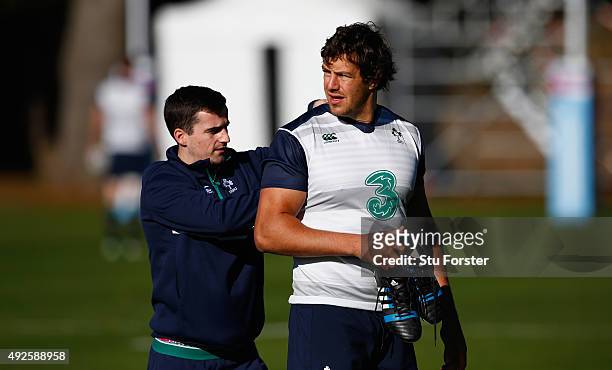 Ireland player Mike McCarthy looks on after being called up to the squad during Ireland training at Sophia Gardens on October 14, 2015 in Cardiff,...