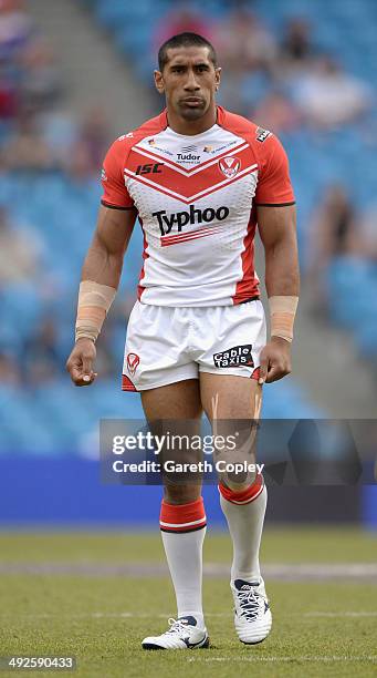 Mose Masoe of St Helens during the Super League match between Warrington Wolves and St Helens at Etihad Stadium on May 18, 2014 in Manchester,...