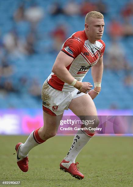 Luke Thompson of St Helens during the Super League match between Warrington Wolves and St Helens at Etihad Stadium on May 18, 2014 in Manchester,...