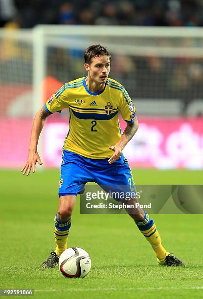 Mikael Lustig of Sweden during the UEFA EURO 2016 Qualifying match between Sweden and Moldova at the National Stadium Friends Arena on October 12,...