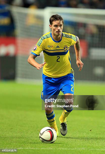 Mikael Lustig of Sweden during the UEFA EURO 2016 Qualifying match between Sweden and Moldova at the National Stadium Friends Arena on October 12,...