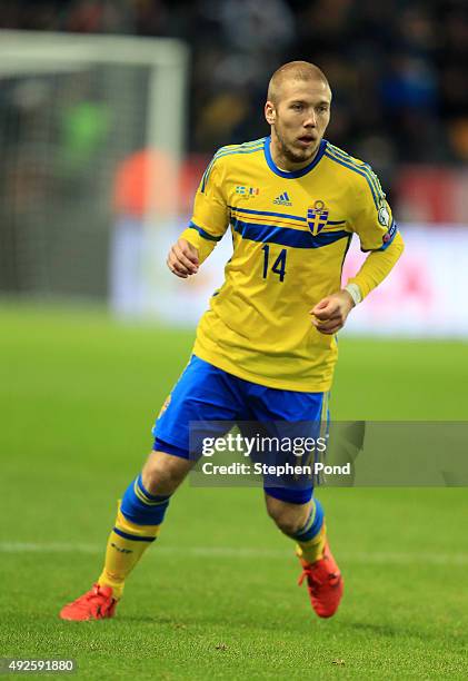 Anton Tinnerholm of Sweden during the UEFA EURO 2016 Qualifying match between Sweden and Moldova at the National Stadium Friends Arena on October 12,...