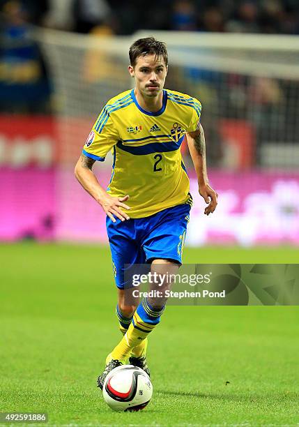 Mikael Lustig of Sweden during the UEFA EURO 2016 Qualifying match between Sweden and Moldova at the National Stadium Friends Arena on October 12,...