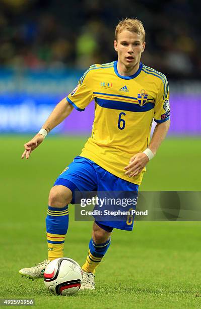 Oscar Lewicki of Sweden during the UEFA EURO 2016 Qualifying match between Sweden and Moldova at the National Stadium Friends Arena on October 12,...