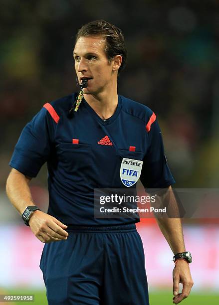 Referee Luca Banti during the UEFA EURO 2016 Qualifying match between Sweden and Moldova at the National Stadium Friends Arena on October 12, 2015 in...