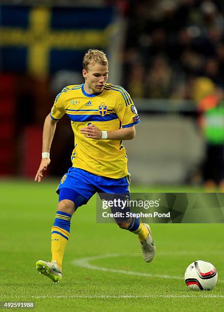 Oscar Lewicki of Sweden during the UEFA EURO 2016 Qualifying match between Sweden and Moldova at the National Stadium Friends Arena on October 12,...