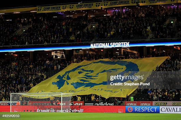 Banner is carried by Sweden fans during the UEFA EURO 2016 Qualifying match between Sweden and Moldova at the National Stadium Friends Arena on...