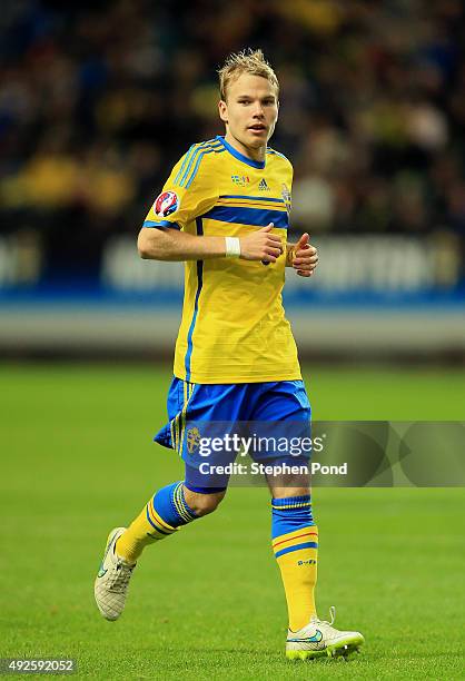 Oscar Lewicki of Sweden during the UEFA EURO 2016 Qualifying match between Sweden and Moldova at the National Stadium Friends Arena on October 12,...