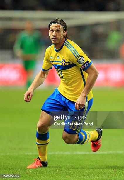 Gustav Svensson of Sweden during the UEFA EURO 2016 Qualifying match between Sweden and Moldova at the National Stadium Friends Arena on October 12,...