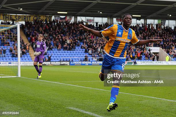 Sullay Kaikai of Shrewsbury Town celebrates after scoring a goal to make it 3-2 during the Sky Bet League One match between Shrewsbury Town and...