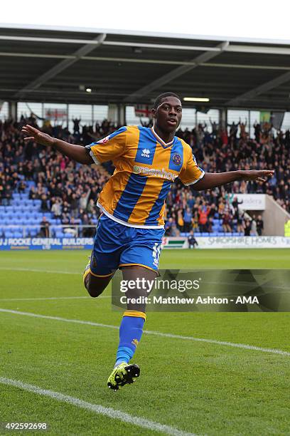 Sullay Kaikai of Shrewsbury Town celebrates after scoring a goal to make it 3-2 during the Sky Bet League One match between Shrewsbury Town and...