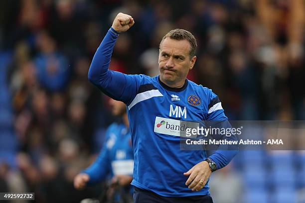 Micky Mellon the head coach / manager of Shrewsbury Town celebrates after his team comes back from 0-2 to win 4-2 during the Sky Bet League One match...