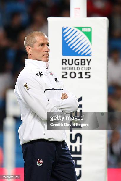 Stuart Lancaster, the England head coach looks on during the 2015 Rugby World Cup Pool A match between England and Uruguay at Manchester City Stadium...