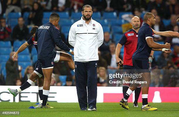 Andy Farrell, the England backs coach looks on during the 2015 Rugby World Cup Pool A match between England and Uruguay at Manchester City Stadium on...
