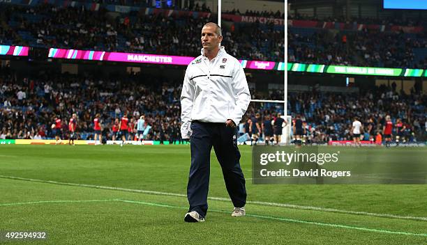 Stuart Lancaster, the England head coach walks off the pitch during the 2015 Rugby World Cup Pool A match between England and Uruguay at Manchester...