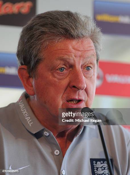 England manager Roy Hodgson speaks to the media after the England training session on May 21, 2014 in Lagoa, Algarve, Portugal.