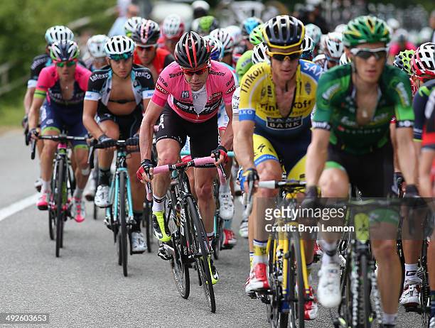 Race leader and wearer of the maglia rosa Cadel Evans of Australia and BMC Racing Team in action during the eleventh stage of the 2014 Giro d'Italia,...