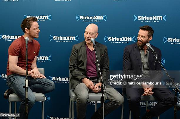 Actors James McAvoy, Sir Patrick Stewart, and Hugh Jackman of X-MEN: DAYS OF FUTURE PAST participate in the SiriusXM Town Hall at the SiriusXM...