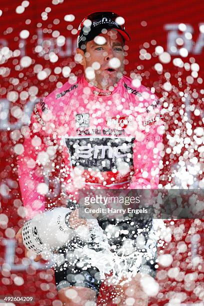 Cadel Evans of Australia and team BMC Racing celebrates retaining the Maglia Rosa leader's jersey following the eleventh stage of the 2014 Giro...