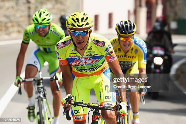 Yonathan Monsalve of Venezuela and Neri Sottoli-Yellow Fluo rides in the breakaway during the eleventh stage of the 2014 Giro d'Italia, a 249km...