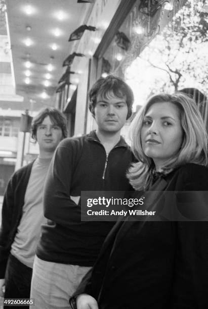 British indie pop band Saint Etienne, London, circa 1993. Left to right: keyboard players Bob Stanley and Pete Wiggs, and singer Sarah Cracknell.