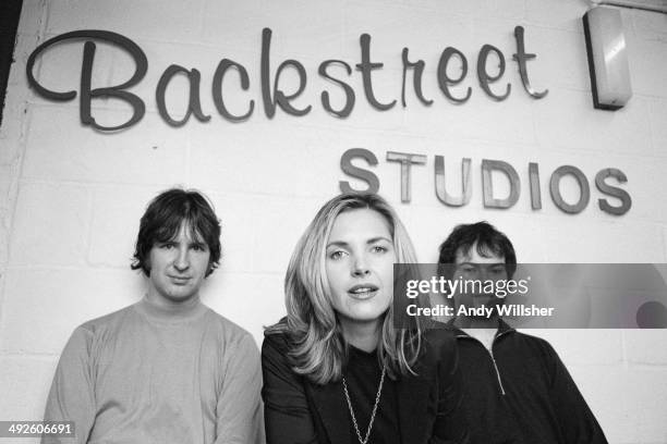 British indie pop band Saint Etienne at Backstreet studios, London, circa 1993. Left to right: keyboard player Bob Stanley, singer Sarah Cracknell...