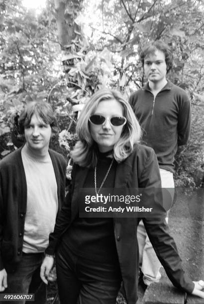 British indie pop band Saint Etienne, London, circa 1993. Left to right: keyboard player Bob Stanley, singer Sarah Cracknell and keyboard player Pete...