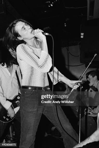 Singer Brett Anderson performing with English alternative rock group Suede at Camden Underworld, London, 1992. Guitarist Bernard Butler is in the...