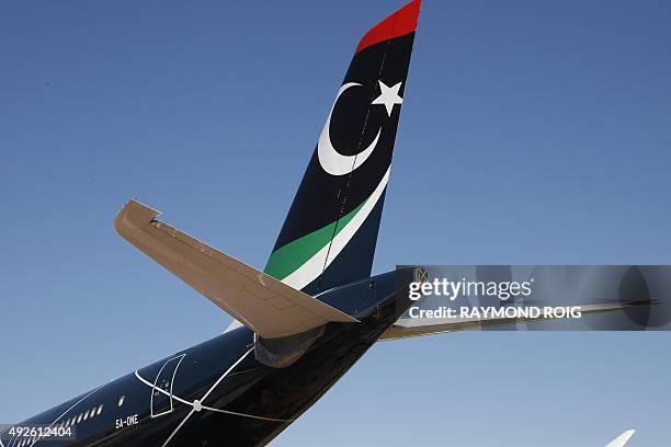 The Airbus A340 airplane that belonged to former dictator Moamer Kadhafi is pictured on October 14, 2015 on the premises of the maintenance company...