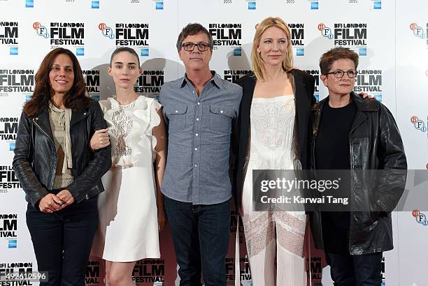 Elizabeth Karlsen, Rooney Mara, Todd Haynes, Cate Blanchett and Phyllis Nagy attend a photocall for "Carol" during the BFI London Film Festival at...