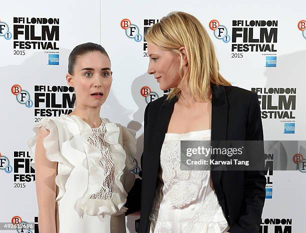 Rooney Mara and Cate Blanchett attend a photocall for "Carol" during the BFI London Film Festival at Soho Hotel on October 14, 2015 in London,...