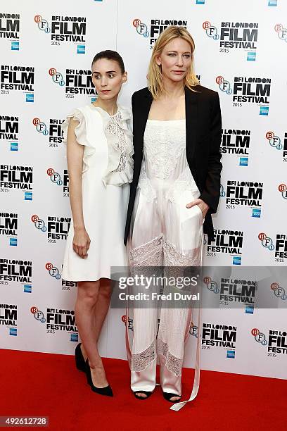 Rooney Mara and Cate Blanchett attend a photocall for " Carol" during the BFI London Film Festival at Soho Hotel on October 14, 2015 in London,...