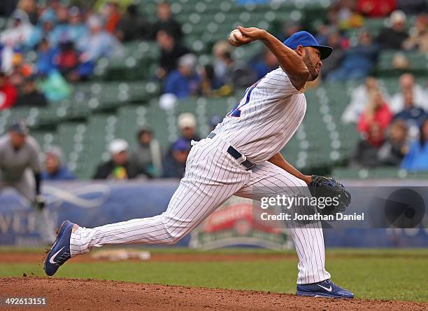 Jose Veras of the Chicago Cubs pitches against the Milwaukee Brewers at Wrigley Field on May 16, 2014 in Chicago, Illinois. The Brewers defeated the...