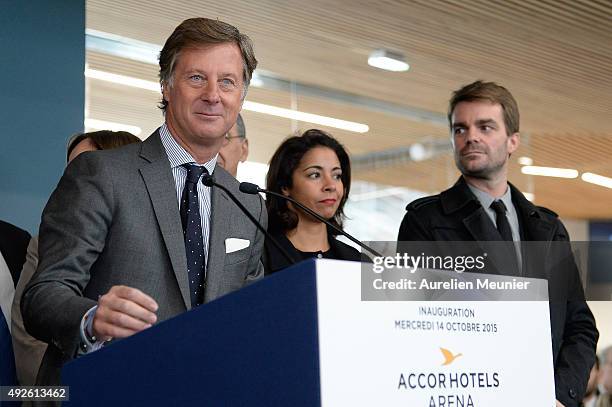 Accor Hotels CEO, Sebastien Bazin addresses the media during the inauguration of the AccorHotels Arena on October 14, 2015 in Paris, France. The...