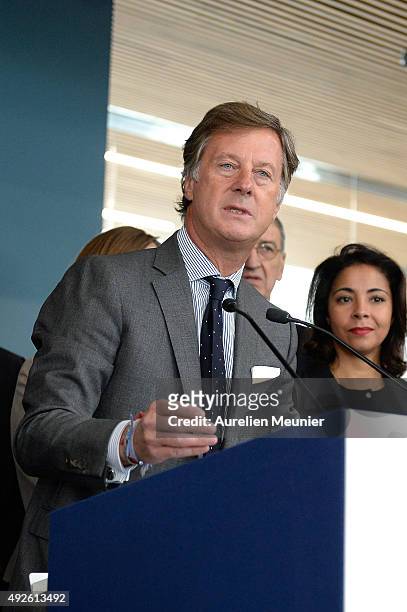 Accor Hotels CEO, Sebastien Bazin addresses the media during the inauguration of the AccorHotels Arena on October 14, 2015 in Paris, France. The...