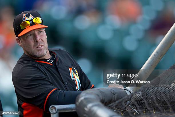 Mike Redmond of the Miami Marlins watches his team during batting practice before the game against the San Francisco Giants at AT&T Park on May 16,...